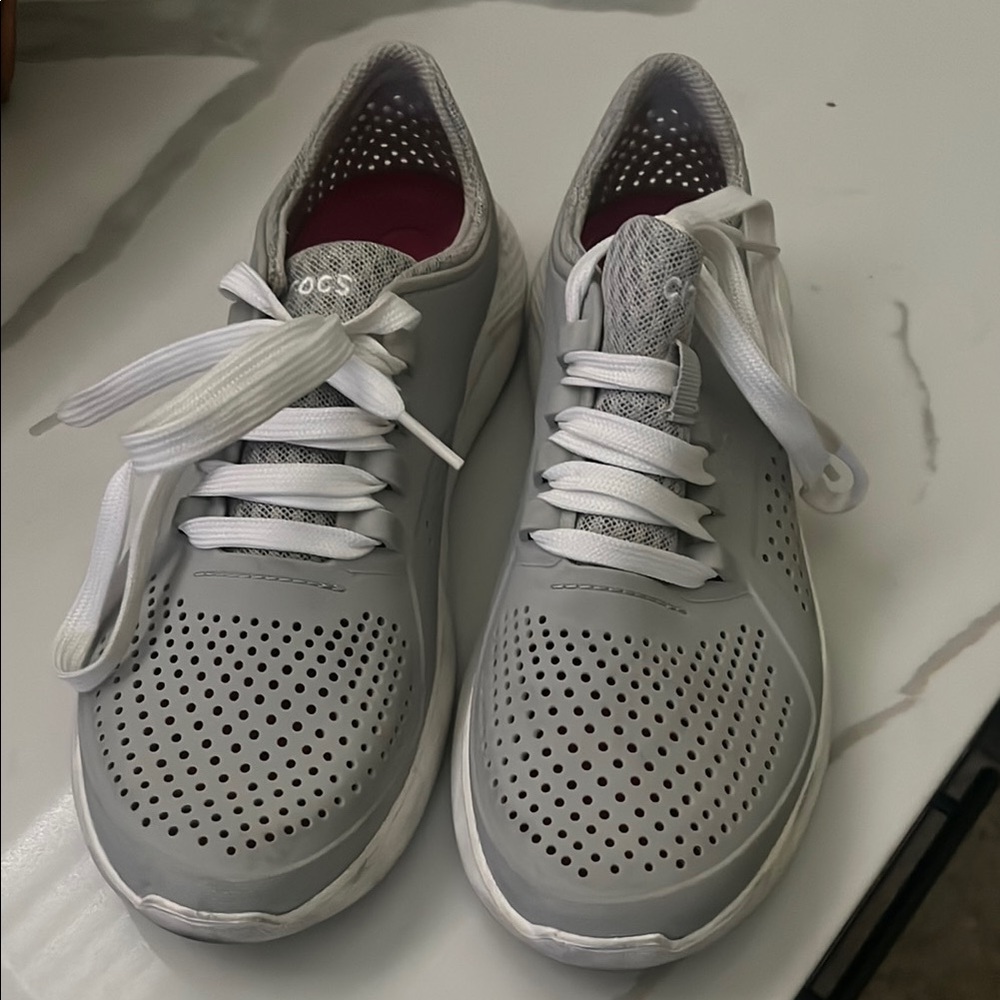 CROCS Gray and White Sneakers with Perforated Design